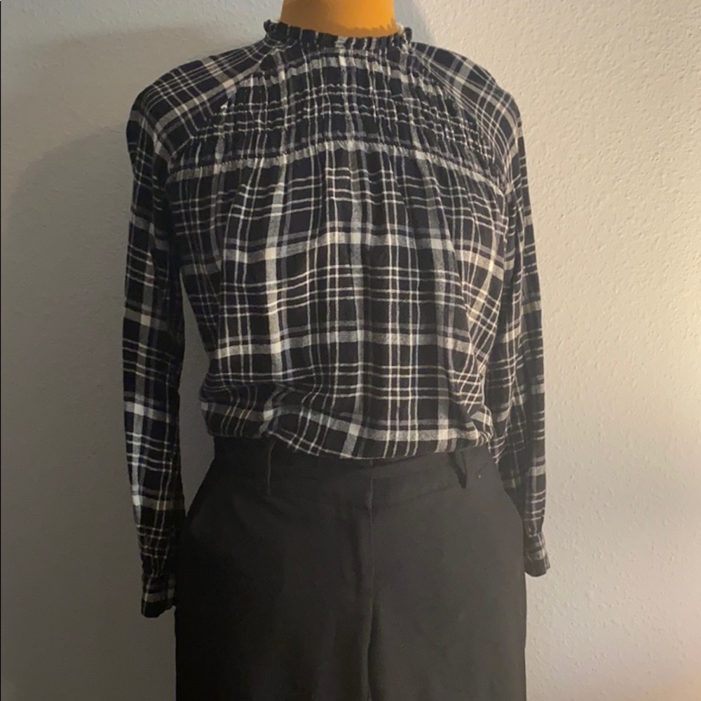 Long sleeve lucky brand plaid high neck blouse